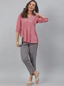 Janasya Women Pink Cotton Embroidered Fit and Flared Top