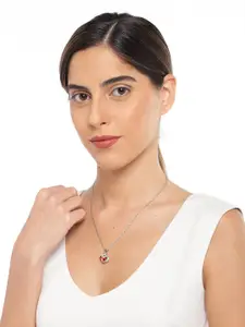 Mahi Silver-Toned Rhodium-Plated Red Crystal-Studded Heart Shape Pendant with Chain