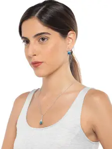 Mahi Rhodium-Plated White & Blue Stone-Studded  Pendant Set