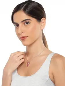 Mahi Rhodium-Plated Silver-Toned & Pink Crystal-Studded Pendant With Chain