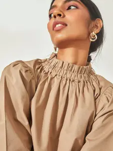 The Label Life Brown High Neck Ruffles Pure Cotton Knitted Top