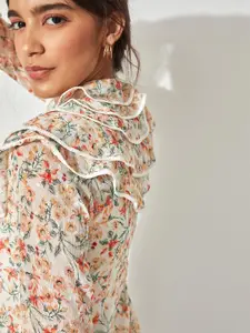 The Label Life White Floral Printed Ruffle Neck Pure Silk Shirt Style Top