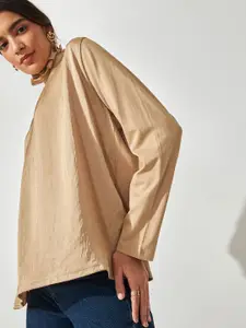 The Label Life Beige Ruffle Neck Satin Blouse