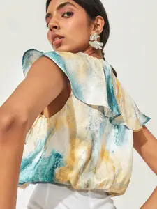 The Label Life Blue Tie and Dye Ruffle Satin Blouson Crop Top