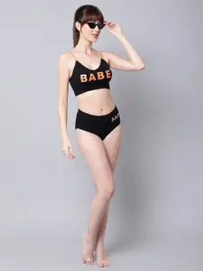 PrettyCat Black & Orange Typography Bralette Bra Lightly Padded