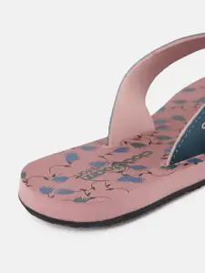 ADIDAS Women Teal Blue & Peach-Coloured Floral Printed Thong Flip-Flops