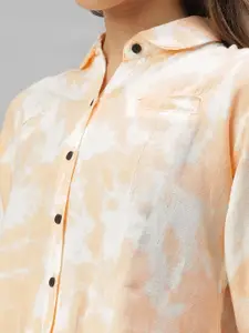 SHOWOFF Women Peach-Coloured Comfort Boxy Printed Cotton Casual Shirt