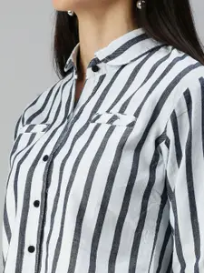 SHOWOFF Women White & Navy Blue Comfort Striped Regular Fit Casual Shirt