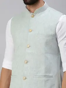 SHOWOFF Men Sea Green Solid Woven Nehru Jackets
