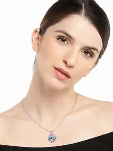 Mahi Silver-Toned Rhodium-Plated Stone Studded Pendant With Chain