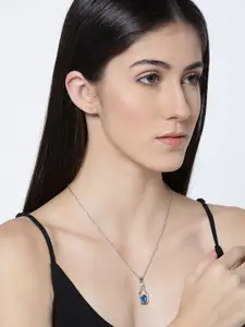 Mahi Rhodium-Plated Blue Heart-Shaped Crystal-Studded Pendant With Chain