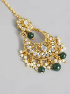 Peora Green Gold Plated Multistrand Choker Necklace Earring Maangtikka Jewellery Set