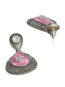 Priyaasi Silver-Toned & Pink Teardrop Shaped Drop Earrings