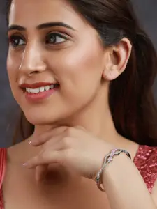 Priyaasi Women Silver-Toned & Pink Brass American Diamond Silver-Plated Bangle-Style Bracelet