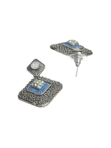 Priyaasi Silver-Toned & Blue Contemporary Oxidised Drop Earrings
