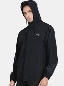 t-base Men Navy Blue Solid Hooded Rain Jacket