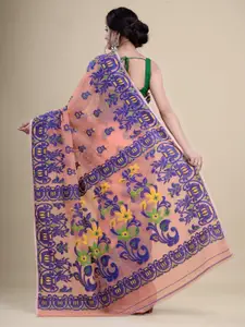 Laa Calcutta Peach-Coloured & Blue Woven Design Silk Cotton Jamdani Saree