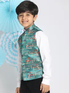 VASTRAMAY Boys Green Woven-Design Nehru Jacket