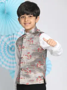 VASTRAMAY Boys Grey & Red Printed Woven Nehru Jackets