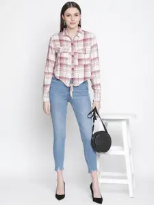 Oxolloxo Women White & Maroon Classic Tartan Checks Semi Sheer Checked Casual Shirt