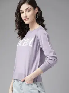The Roadster Lifestyle Co. Women Lavender Typography Pattern Acrylic Pullover