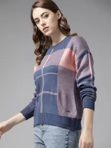 Roadster Women Blue & Pink Self Design Checked Pullover