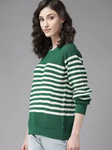 The Roadster Lifestyle Co. Women Green & White Striped Acrylic Pullover