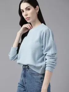 The Roadster Lifestyle Co. Women Blue Self Design Cable Knit Acrylic Pullover