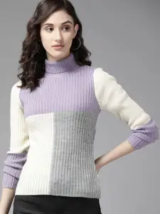 The Roadster Lifestyle Co. Women Lavender & Off White Colourblocked Turtle Neck Pullover