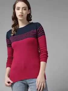 Roadster Women Magenta & Navy Blue Striped Pullover