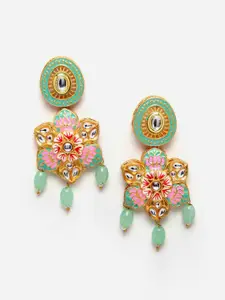 PANASH Women Turquoise & Pink Gold-Plated Kundan Floral Enamelled Drop Earrings