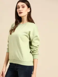 all about you Women Mint Green Solid Drop-Shoulder Sleeves Sweatshirt