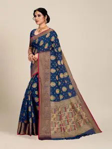 MS RETAIL Navy Blue & Gold-Toned Woven Design Zari Pure Cotton Chanderi Saree