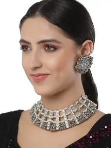 KARATCART Oxidised Silver-Plated White Kundan Studded Choker Necklace Set