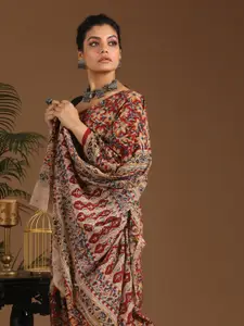 Indethnic Brown & Red Kalamkari Pure Cotton Block Print Saree
