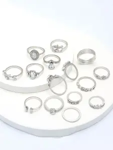 Unwind by Yellow Chimes Woman Set of 15 Silver-Toned White Stone Studded Finger Ring