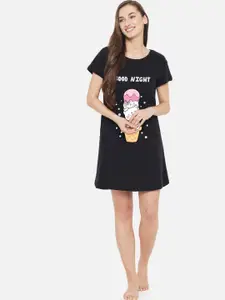 FFLIRTYGO Black Printed Nightdress