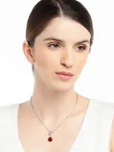 Mahi Rhodium-Plated Maroon CZ Stone-Studded Starry Pendant With Chain