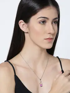 Mahi Rhodium-Plated Pink Crystal-Studded Heart Bottle Pendant