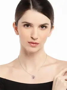 Mahi Silver-Toned Rhodium-Plated Pink CZ Studded Pendant With Chain