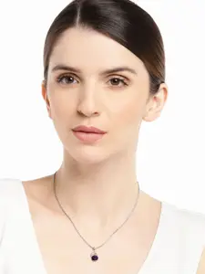 Mahi Rhodium-Plated Silver-Toned & Maroon CZ-Studded Pendant With Chain