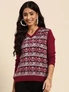 Sangria Women Maroon & Grey Printed Pullover