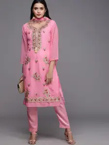 KALINI Pink & Red Embroidered Unstitched Dress Material