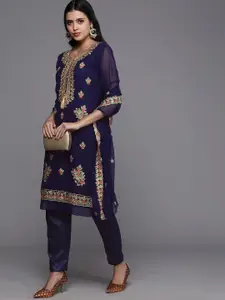 KALINI Navy Blue & Gold-Toned Embroidered Unstitched Dress Material