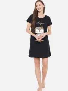 FFLIRTYGO Black Printed T-Shirt Nightdress