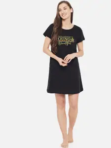 FFLIRTYGO Women Black Printed T-Shirt Nightdress