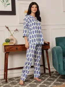 Clovia Women Blue & White Printed Night suit