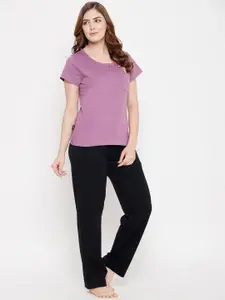 Clovia Women Purple & Black Printed Night Suit