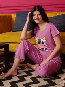 Clovia Women Purple Printed Night suit