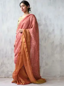Chidiyaa Rust & Gold-Toned Floral Zari Pure Linen Saree